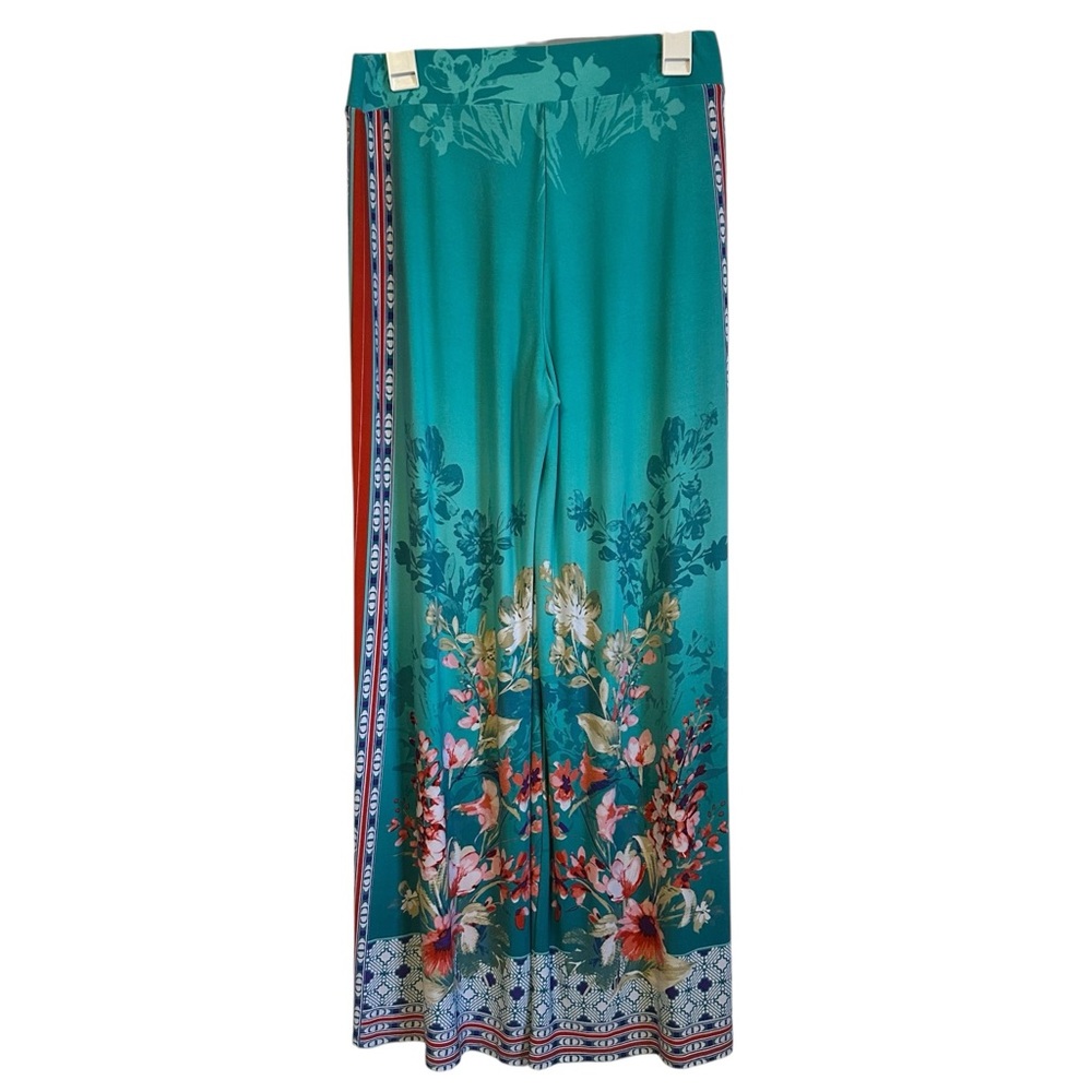Cato Wide Leg Boho Bohemian Stretchy Floral Teal Palazzo Pants Pull On Small